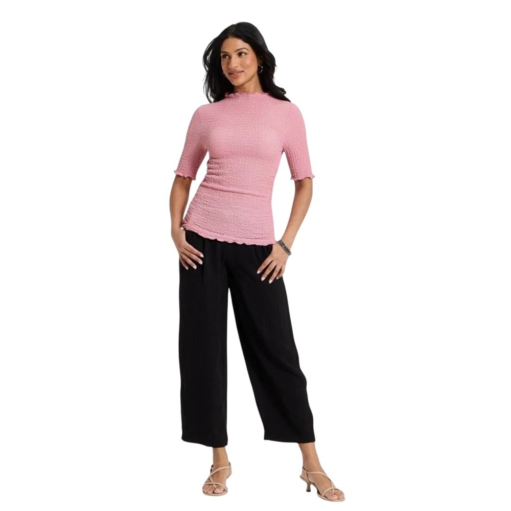 Womens Short Sleeve Mock Neck Textured Popcorn Top Pink Small Lettuce Edge - Picture 4 of 4